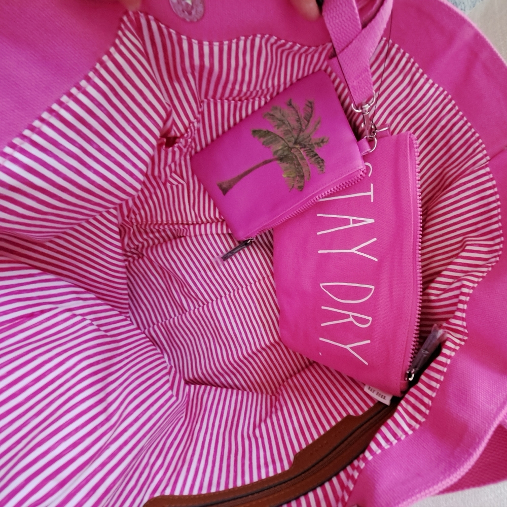 Rae Dunn Hot Pink "On Island Time" Canvas Tote - Picture 4 of 5